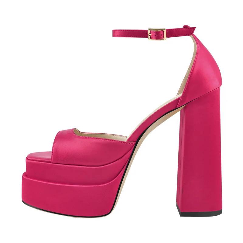 Onlymaker Women Ankle Buckle Sandals Satin Round Toe Platform Chunky High Heels Fashion Party Concise Shoes