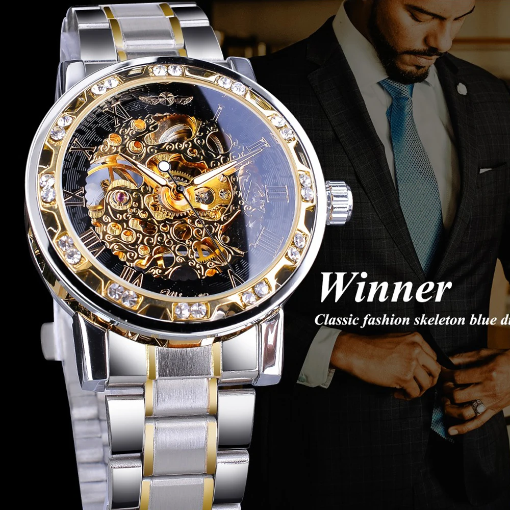 

New 2020 Winner Transparent Fashion Diamond Luminous Gear Movement Royal Design Watches Men Mechanical Skeleton Wrist Watch AAA