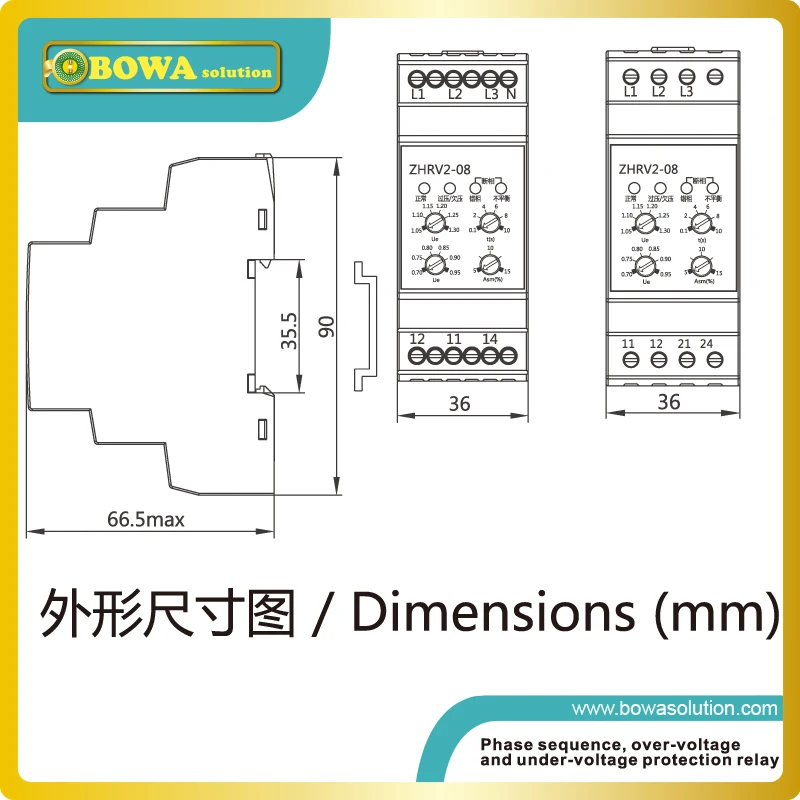 ZHRV2-08 voltage control relay with phase protector has adjustable under- / over-voltage, time delay and imbalance settings