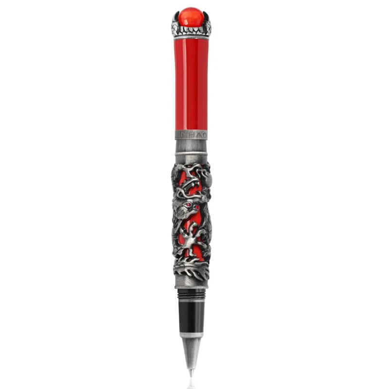 

Jinhao Dragon King Ancient Roller Ball Pen Unique Metal Embossing Hi-tech, Gray & Red For Business Writing Gift Pen New