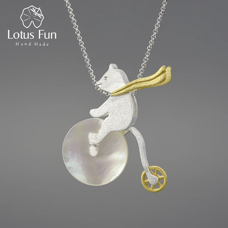 Lotus Fun Real 925 Sterling Silver Handmade Design Fashion Jewelry Cute Bicycle Riding Bear Pendant without Necklace for Women