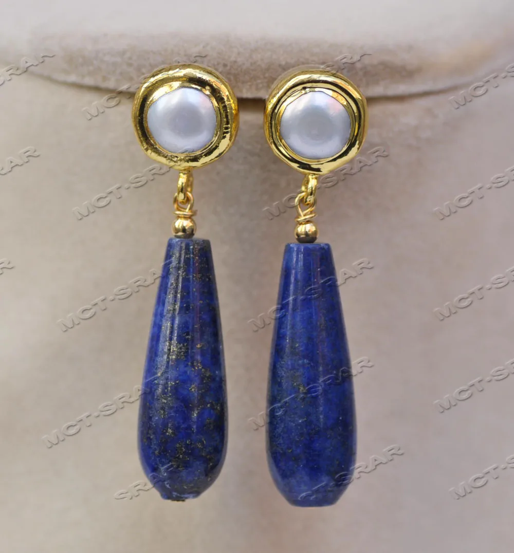 

30mm Blue Drip Lapis Lazuli White Round Dangle Earring Custom Jewelry（Z11627）