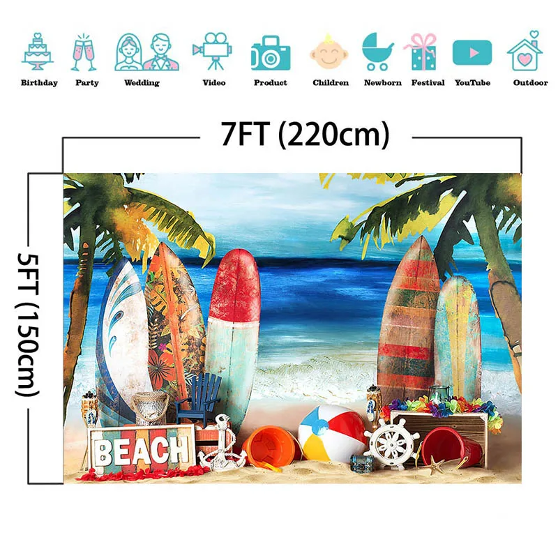 الصيف الاستوائية تصفح الخلفيات الرمال الشاطئ لوح التزلج خلفية هاواي حفلة عيد ميلاد ديكور الدعائم كعكة الطفل سحق استوديو الصور