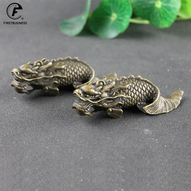 Solid Copper Dragon Arowana Feng Shui Ornaments Vintage Brass Lucky Animal Figurines Home Decor Room Desk Decorations Tea Pet