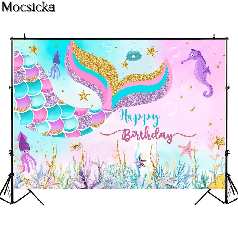 Mermaid Theme Backdrop Scales Tail Shell Coral Cake Table Decoration Supplies Kid Girl Birthday Party Photo Background Photocall