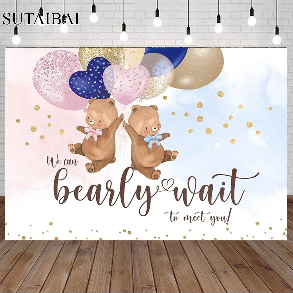 We Can Bearly Wait To Meet You Backdrop for Baby Shower Balloons and Bears Gender Reveal Background Photography for Photo Stuio