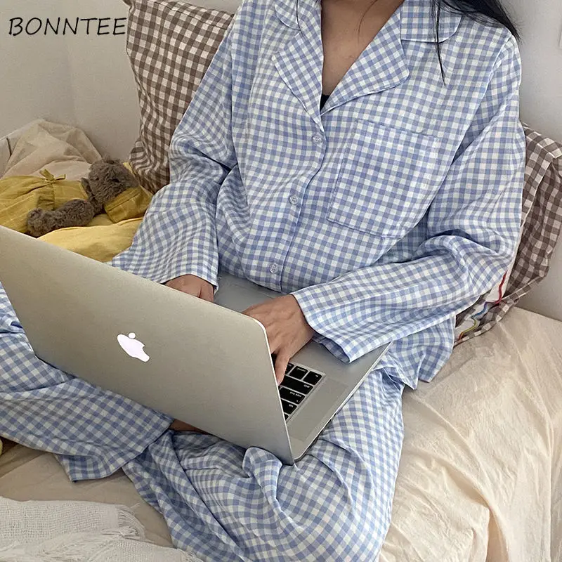 Pajama Sets Women Spring Hot Sale Female Sleepwear Plaid Harajuku Fashion All-match Chic Retro Loose Sweet Preppy Simple Ins New