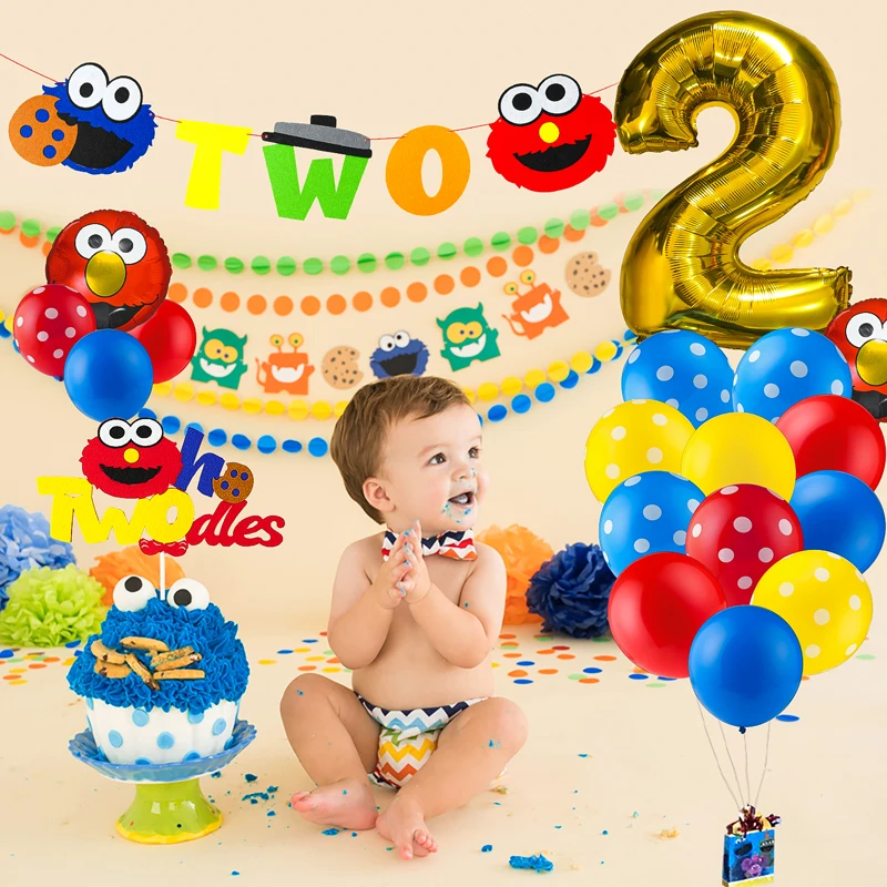 42Pcs Sesame Birthday Party Decorations Kit Balloons Banner Cake Topper Cartoon Themed Baby 2th Birthday Party Baby Shower Decor