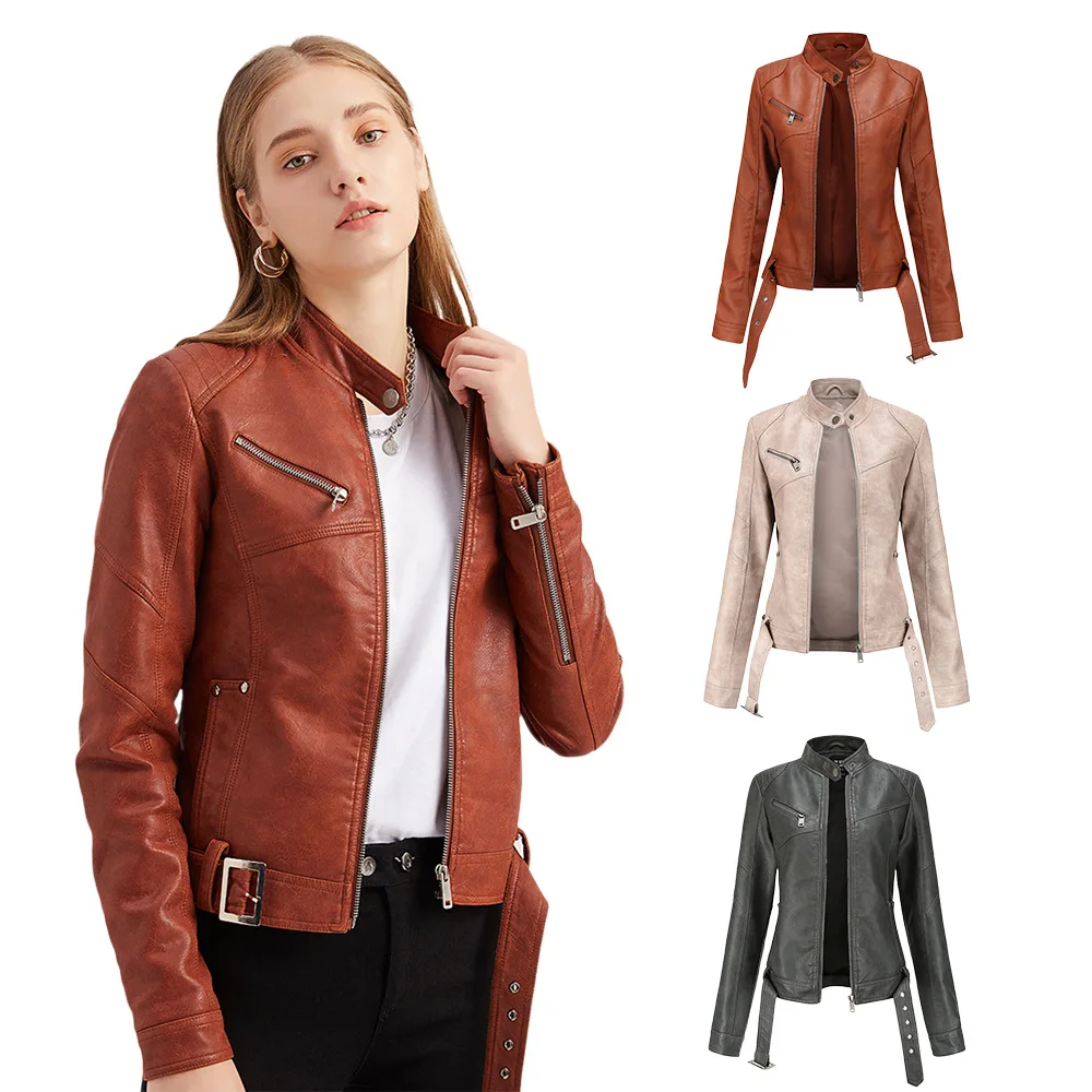 

Autumn Women PU Leather 3xl Large Size JMotorcycle Jacket with BeltStand Collar Long Sleeve Thin Coat Ropa Para Mujer K777