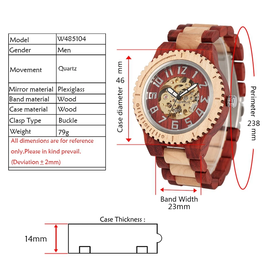 Vintage Red Wood Watch Mens Automatic Mechanical Wristwatches Wooden Band Watch Simple Round Dial Luxury Watch Relogio Masculino