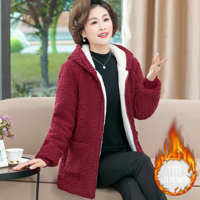 

Mom Women Lamb Wool Coat New Winter Plus Velvet Cotton Jacket Loose Mid-Length Female Middle-aged Elderly Tops Hooded Overcoat