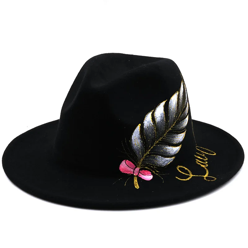 Wide brim black top hat hand-painted painted leaves flat brim tweed autumn  winter ladies jazz hat couple woolen top hat