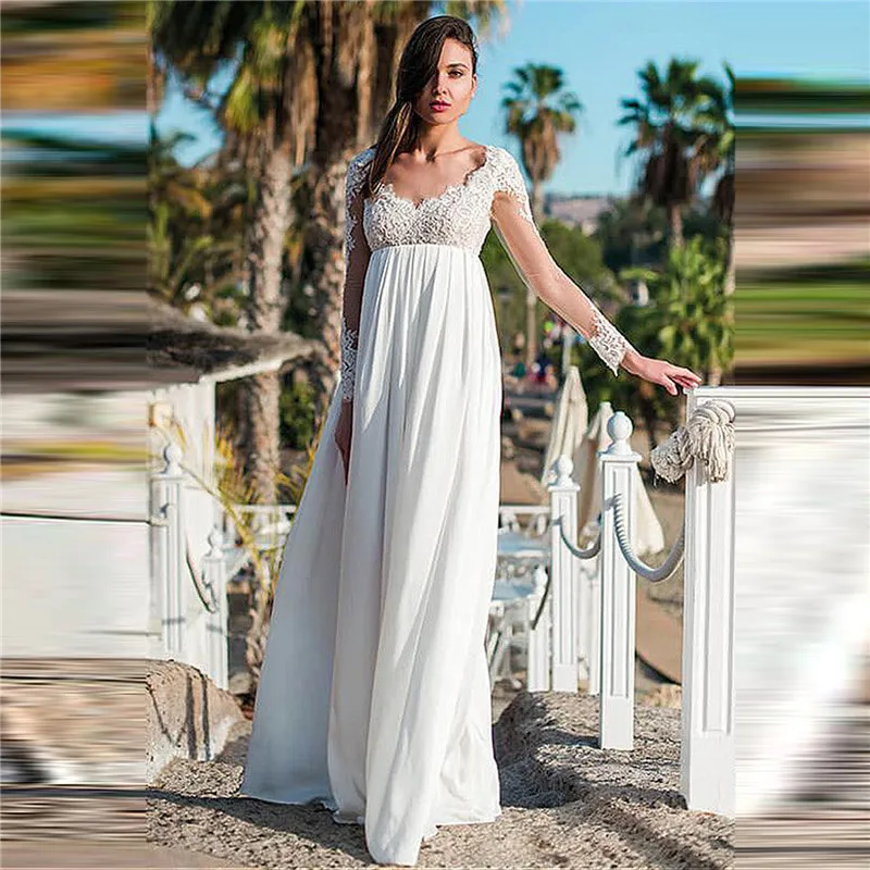 Gaun pernikahan lengan panjang leher V 2024 sifon renda applique gaun pengantin kustom hamil punggung terbuka Musim Semi Vestidos De Novia