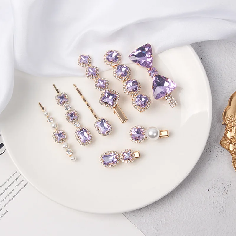 Hot Sell New Korean Vintage Purple Crystal Hairpins Elegant Pearl Hair Clips for Women Fashion Summer Holiday Hair Accessories