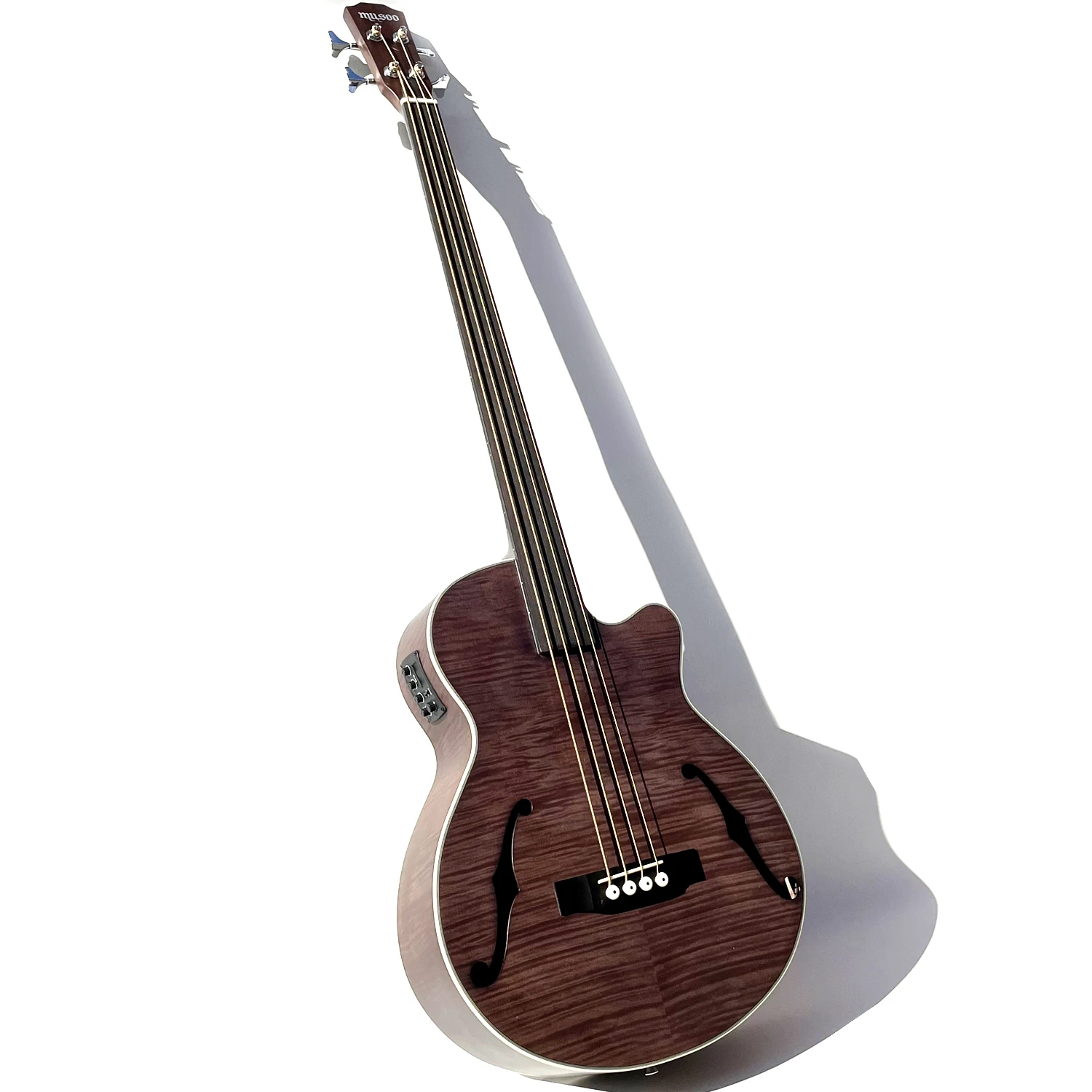 Custom Acoustic Electric Bass Cutaway Style with F Holes with Fretless with EQ IN Vintage Color