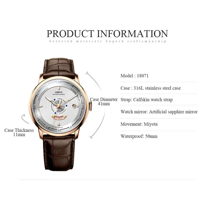 Reloj Mecánico LOBINNI de marca de lujo para hombre, reloj de pulsera automático resistente al agua con cristal de zafiro a la moda para hombre, reloj de pulsera con indicador de fecha y semana