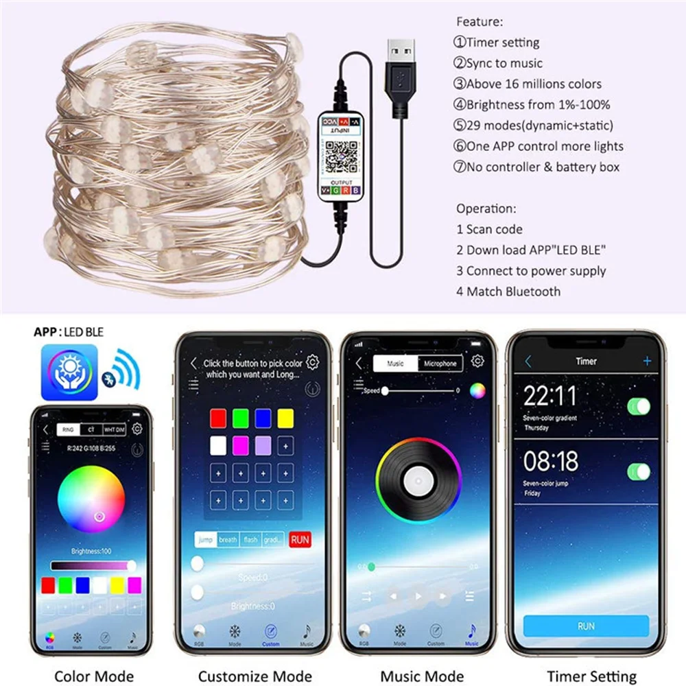 USB Christmas Tree Led String Lights with Phone Smart Bluetooth App Remote Control Christmas Home Decor Garland Fairy Lights