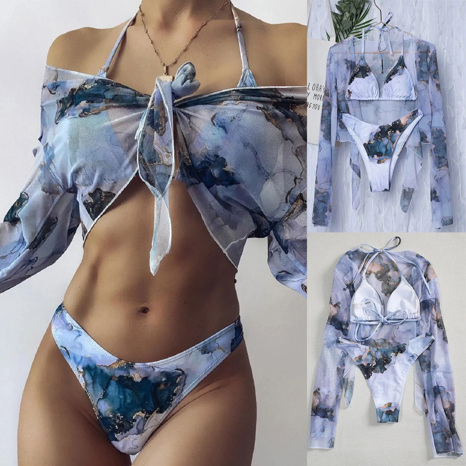 Tie-Dye Print trzyczęściowy kostium kąpielowy damski seksowna siatka Bikini 2022 stroje kąpielowe z długim rękawem kobiety węzeł Biquini Beach Wear