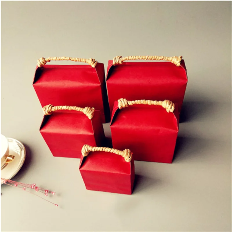 StoBag 10pcs Kraft/Red Handbags basket Candy Biscuit Chocolate Packaging Box DIY Handmade Baby Show Party Wedding Gift Supplies