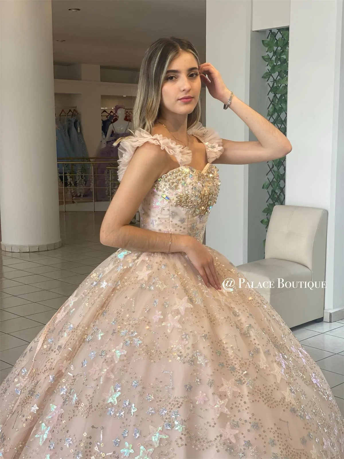 Gaun Blush Pink Star 2022 Quinceanera Gaun Bola Bahu Terbuka Aplikasi Renda Gaun Pesta Prom 16 Gaun Vestidos Manis