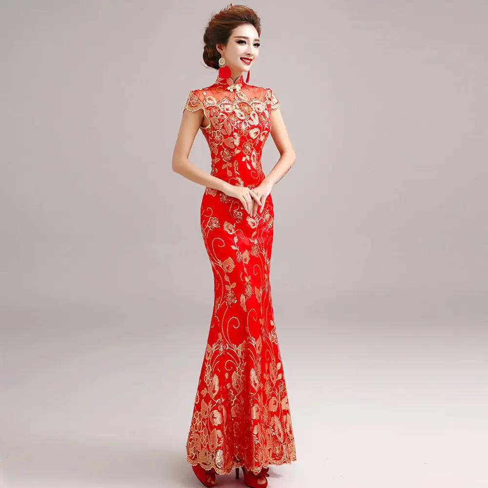 Female Long Short Sleeve Cheongsam Gold Sequin and Embroidery Chinese Traditional Dress Women Qipao Red Chinese Wedding Dress