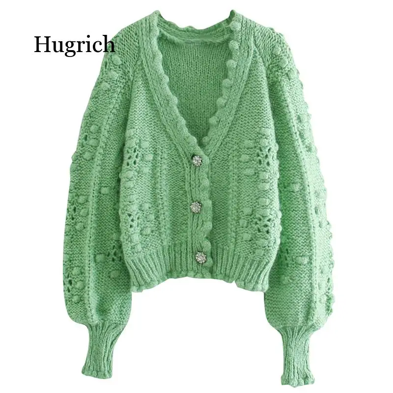 V Neck Sweaters Women Fashion Green Hollow Out Cardigan Women Elegant Lantern Sleeve Female Ladies