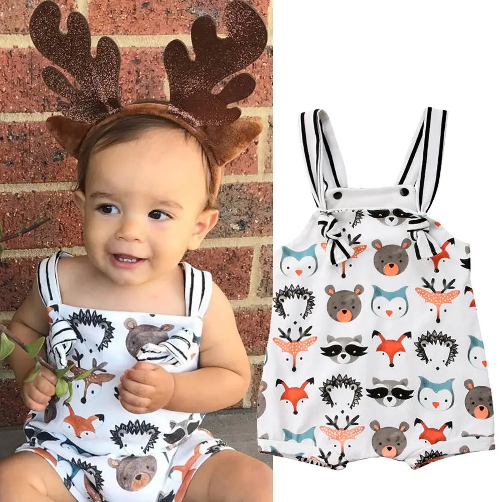 0-24M Summer Newborn Baby Girl Boys Strappy Romper Jumpsuit Bodysuit Sleeveless Clothes Cartoon Animals Print Sunsuit