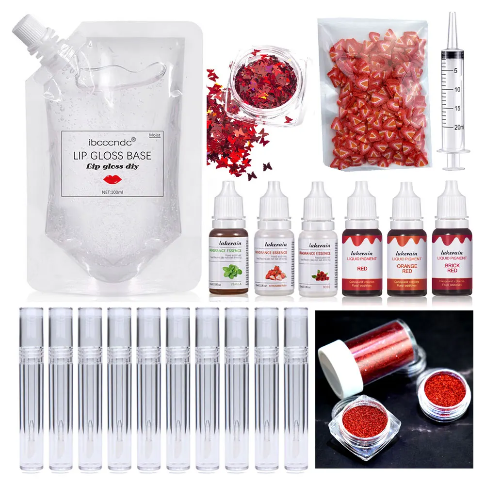 Red Lip Gloss Diy Kit 100ml Lipgloss Base Gel Oil Color Pigment Glitter Powder Flavoring Oil With Tubes Container Pipette