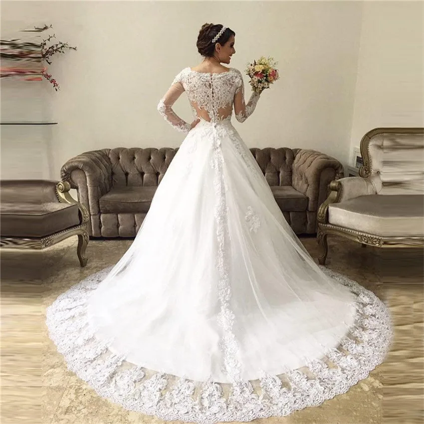 فاخر طويل الأكمام الدانتيل تول الكرة ثوب فساتين الزفاف ثوب زفاف فستان عروس Vestidos De Noiva 2022 رداء دي mariage