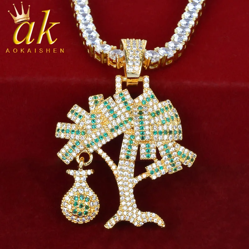 Aokaishen Tree with Dollar Bag Chain Men's Hip Hop Gold Color Cubic Zircon Necklace Hip Hop Rock Street Jewelry