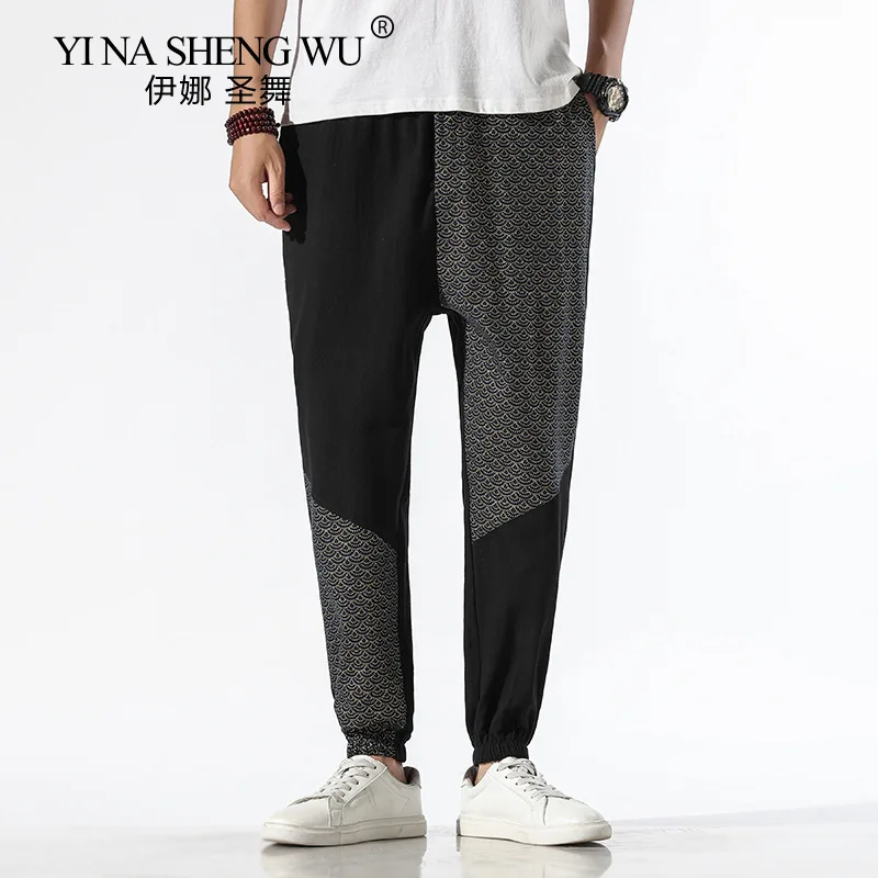 Southeast Asia Four Seasons Stitched Jogging Pants Chinese Style Cotton Hemp Trend Loose Harlan Nine Point Casual Pants Men's