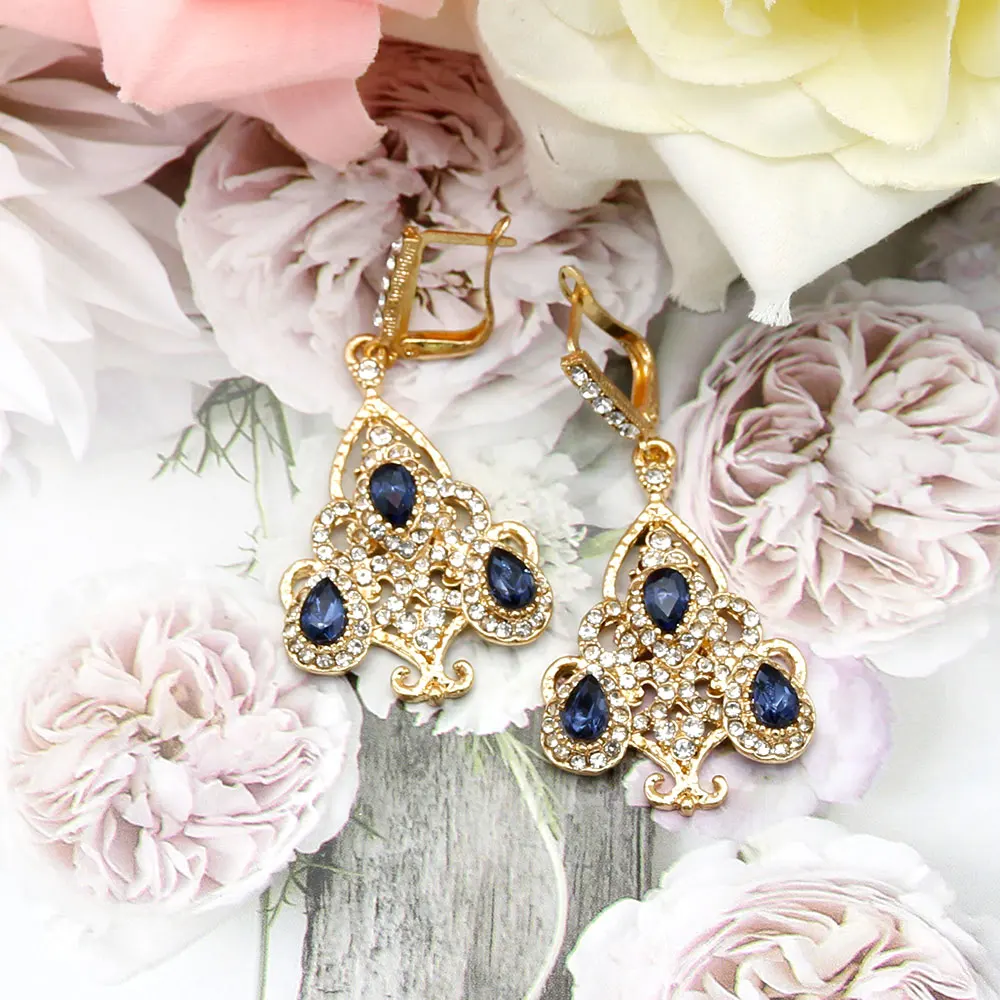 Sunspicems Ethnic Morocco Wedding Earring Gold Color Full Rhinestone for Women DuBai Bridal Jewelry Hook Dangle Ear Pendants