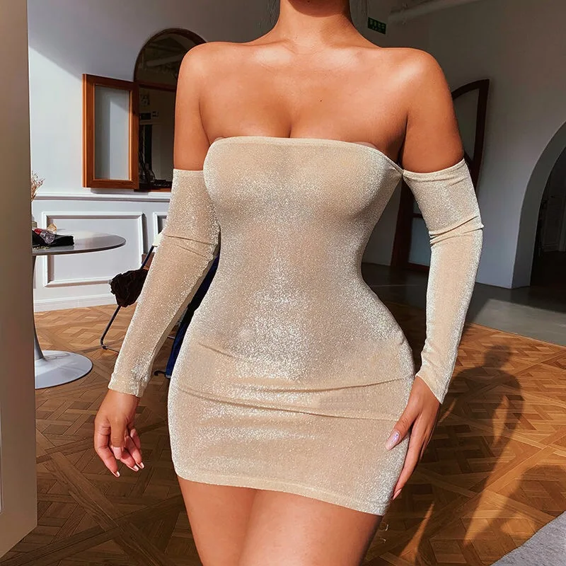 Fashion New Spring Summer Lady Slash-Neck Glittering Strapless Dress Sexy Girl Low Cut Hip Skirt Woman Party Night Club Clothes