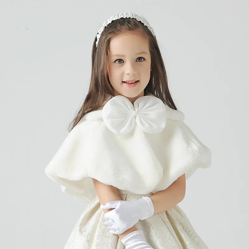 

New Girls Winter Wedding Dress Princess Cape Coat Faux Fur Kids Baby Girls Formal Short Coat Kids Warm Cape Girls Coat With Bow