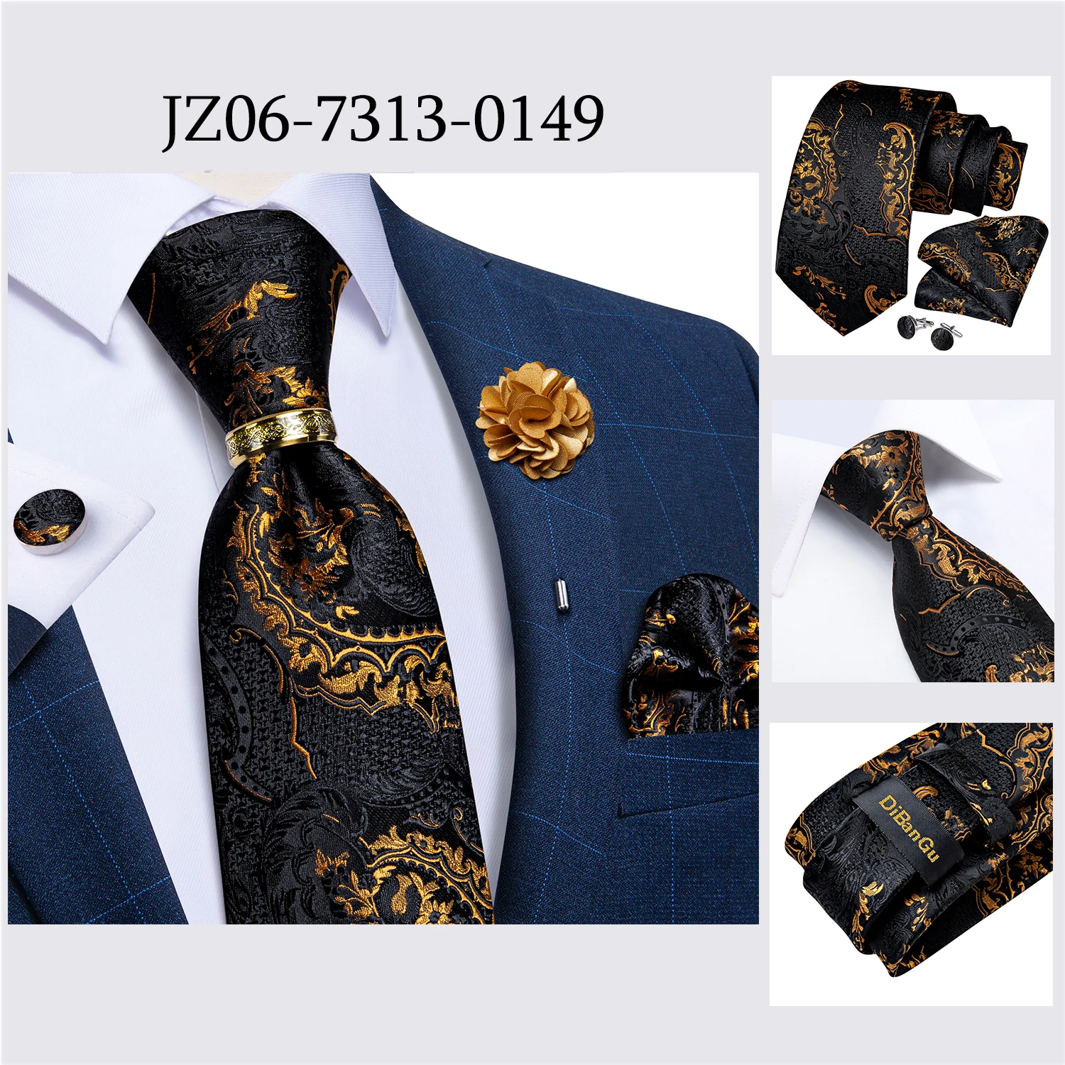 Handgefertigte Paisley-Blumen-Krawatte in Königsblau für Herren, klassische 8 cm breite gewebte Jacquard-Krawatte mit Einstecktuch, Manschettenknöpfen und Brosche – Detail 37