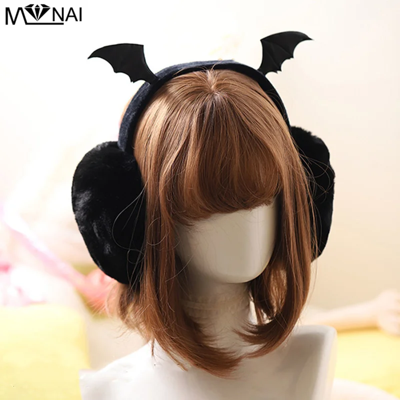 Gothic Ear Muffs Bat Wings Punk Rivets Plush Ear Covers Halloween Gifts Goth Black Warm Woman Ear Cover Winter Accessories