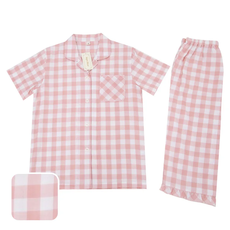 

Pink Plaid Pajamas Suit Nightgown Pyjamas Set Cotton Nightwear Homewear Women&Men Intimate Lingerie 2PCS Shirt&Pants Sleepwear