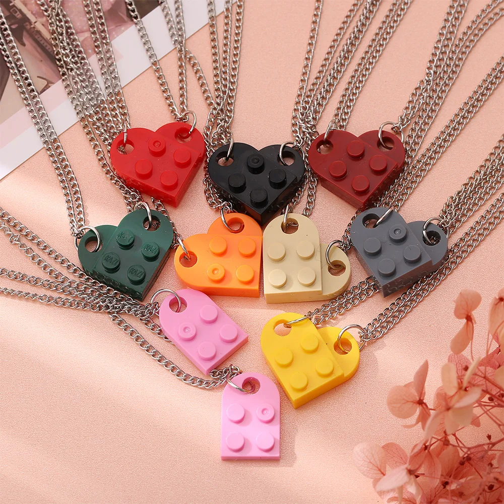 2Pcs Heart Brick Couples Love Necklace For Lovers Women Men Lego Elements Friends Necklaces Valentines Gift Jewelry