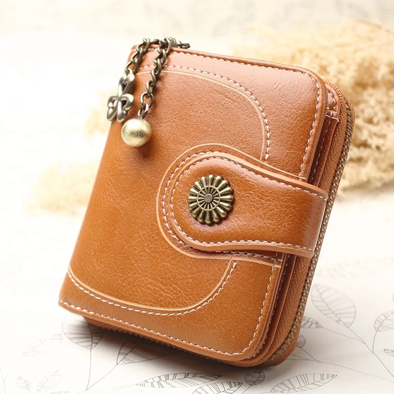 Vintage Short Wallet Women Flower Metal Hasp Card Holders Small Coin Purses Zipper Style Money Bag Tassel Decoration