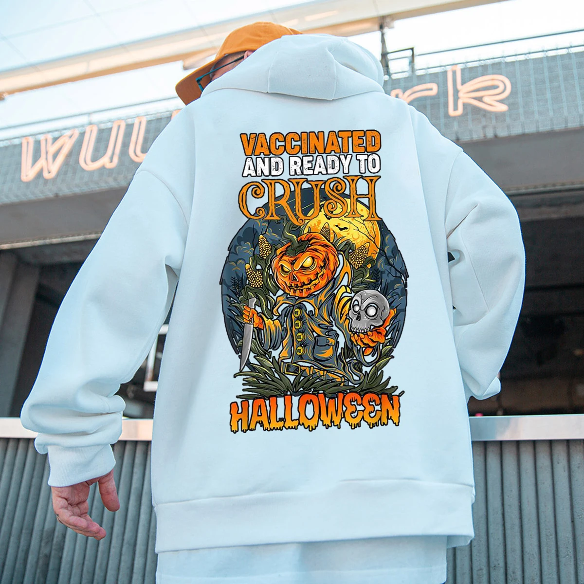 

VACCINATED AND READY TO CRUSH HALLOWEEN Oversize Hoodie Men Fleece Pocket Clothes Autumn Hip Hop Streetwear Cotton Casual Hoody