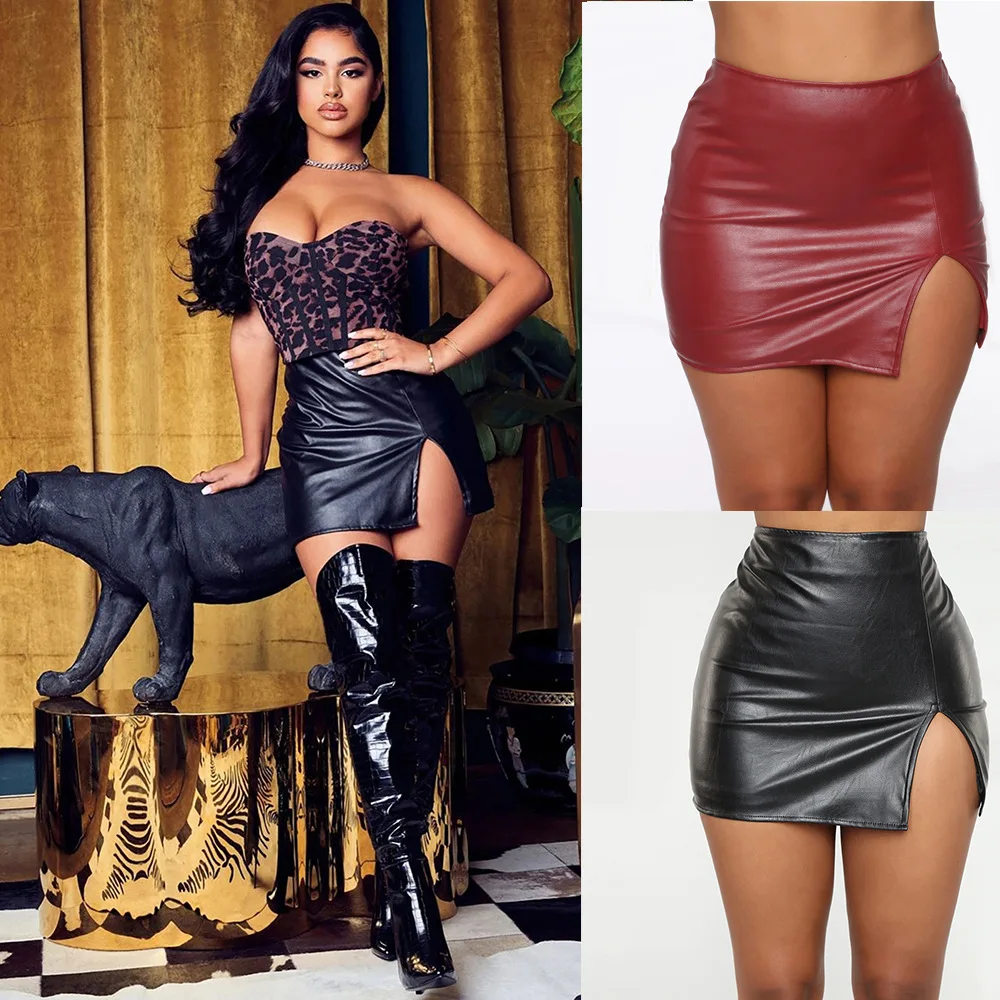 

Women Mini Skirts PU Leather Sexy Split Zipper Pencil Skirts 2XL Vintage Bodycon Clubwear Party Black Wine Stretch Short Skirt