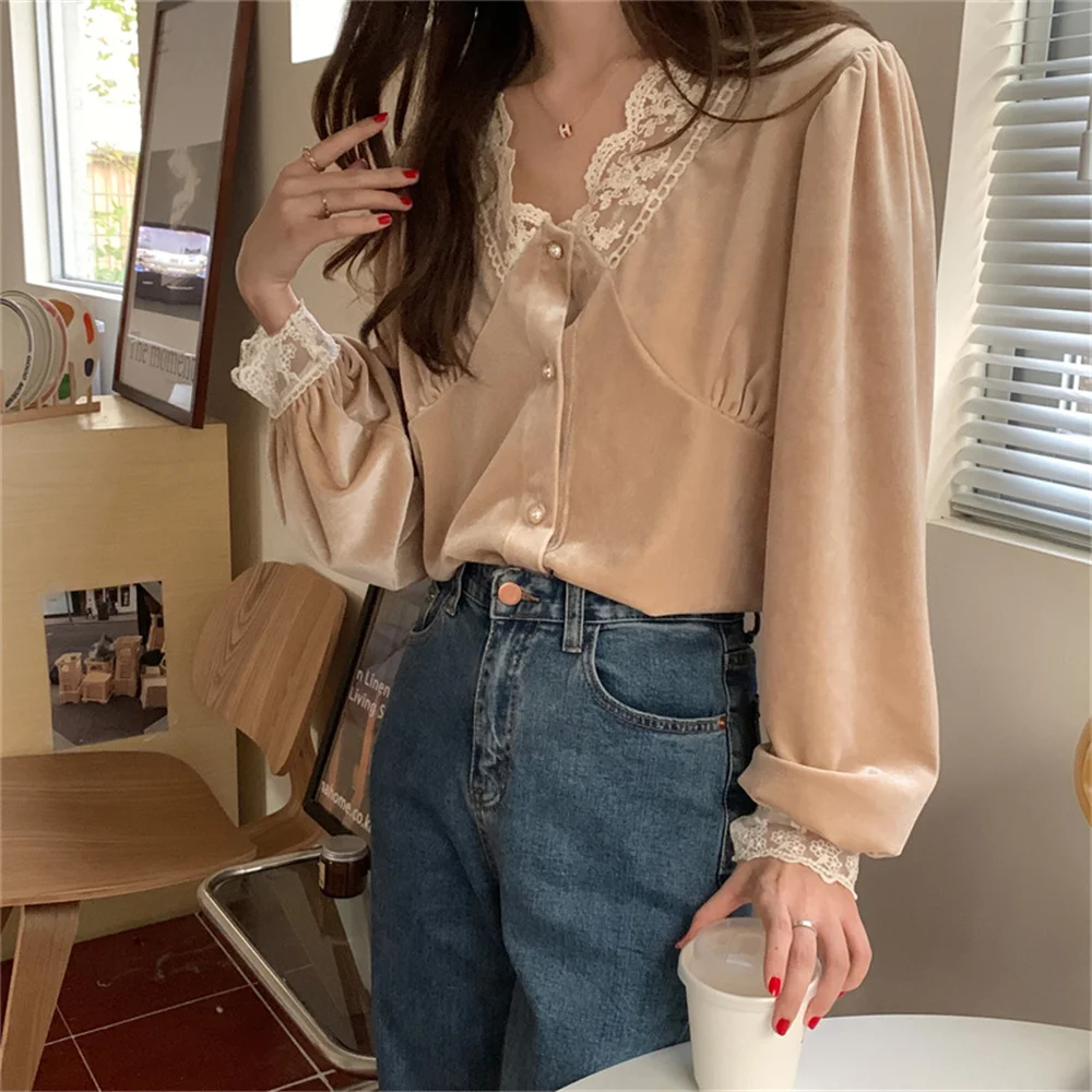 Alien Kitty Soft Velvet Lace Women Shirts New Full Sleeve Retro 2021 Elegant Casual Office Lady Streetwear Patchwork Gentle Tops