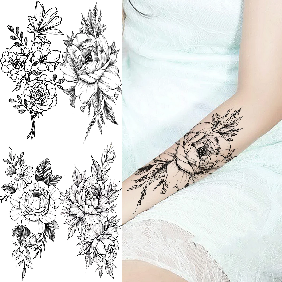 Flor de peônia realista antebraço tatuagens temporárias para mulheres  adulto menina rosa bouquet falso tatuagem à prova dwaterproof água corpo  arte tatoos decalque / Tatuagem e arte corporal, image size:1200x1200