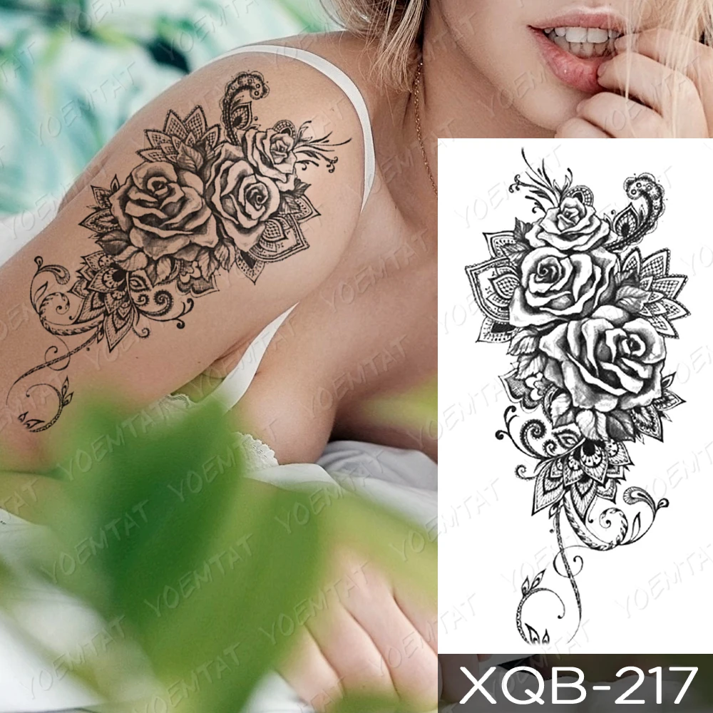 Tatuagem temporária à prova dwaterproof água adesivo azul rosa peônia flores flash tatuagens cruz rosário arte corporal braço manga falsa tatoo feminino