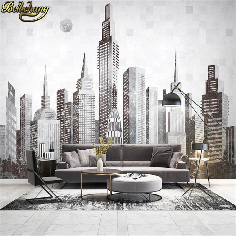 Beibehang-papel tapiz mural 3d para decoración del hogar, papel tapiz de ciudad en blanco y negro para sala de estar, Fondo de tv