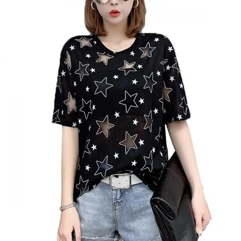 Zuolunouba Casual Short Sleeve Hollow Out Geometric Star Harajuku T Shirt Women Clothes Camisas Mujer Korean Mesh Top Slim Black