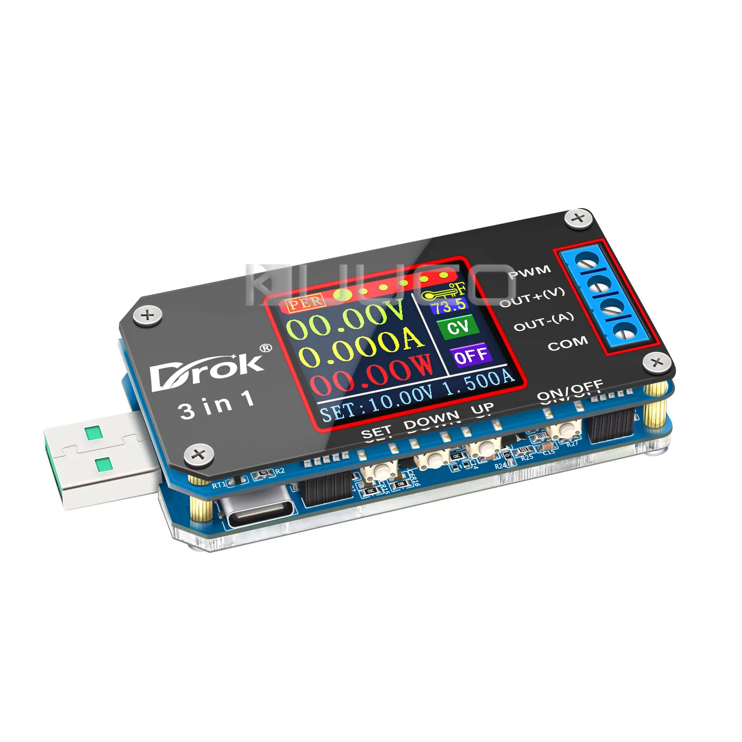 DROK USB Color Screen Buck Boost Charging Tester DC 3.5V-15V to 0.6V-30V 2A 15W Numerical Control Voltage Power Supply Module