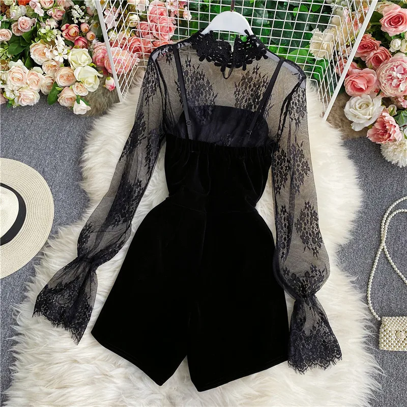 두 세트 슬림 벨벳 점프 슈트 새로운 봄 긴 소매 레이스 자수 셔츠 여성 더블 브레스트 Playsuits 숙녀 바디 슈트 정장