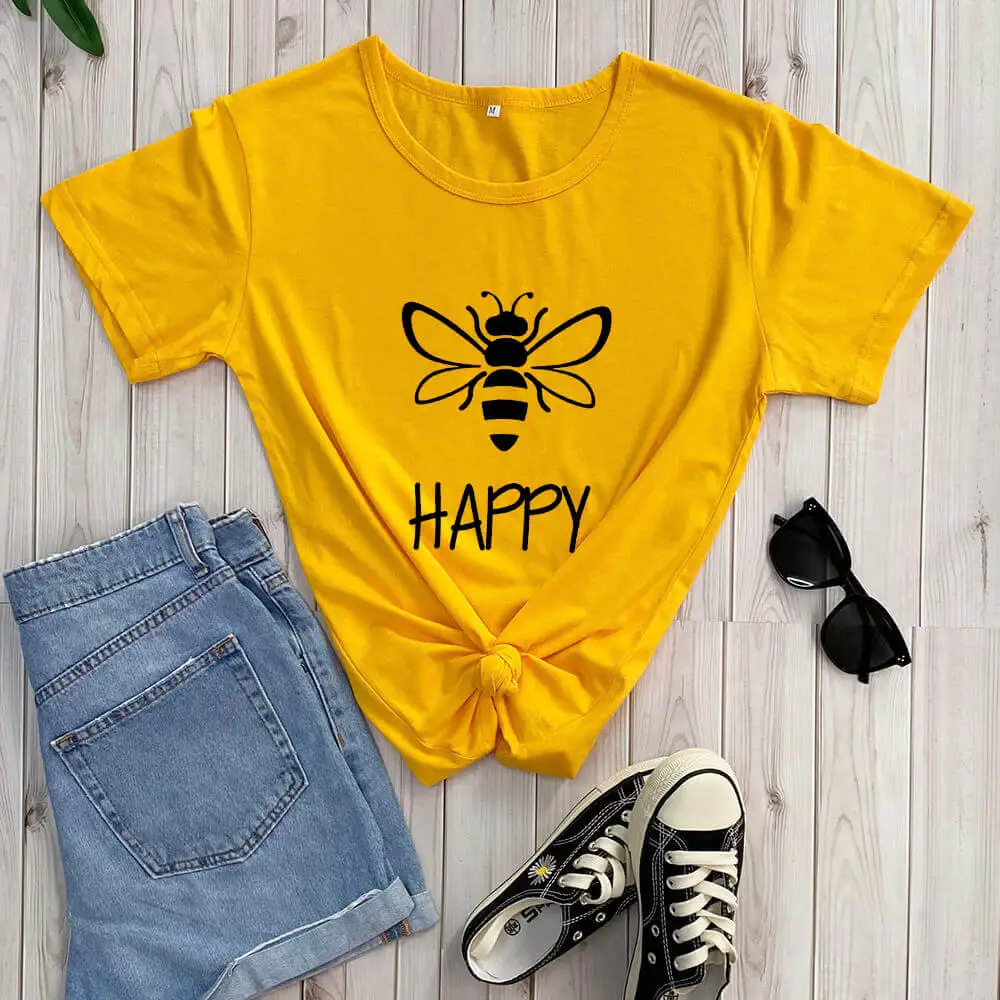 Be Happy Bee Happy Shirt Mom Life shirt New Arrival Casual 100%Cotton Funny T Shirt Gifts for Mom Be Nice Tees Happiness Shirts