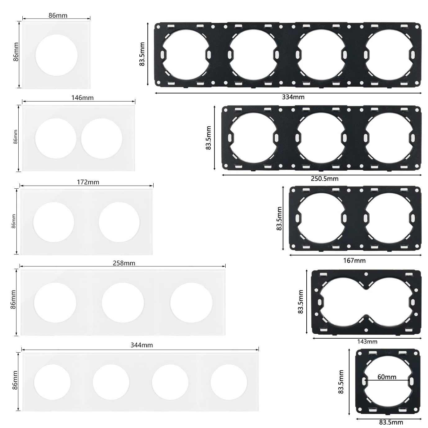 Free Combinations Wall Electrical Outlet EU DIY Customized Single/Double/Triple/Four White Glass Panel Frame Power Switch Outlet